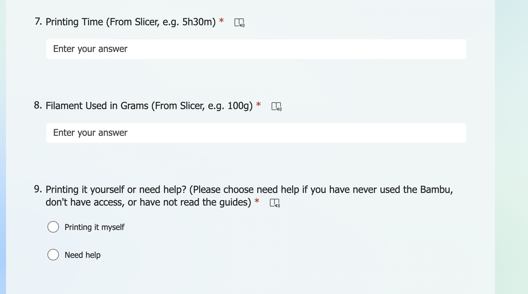 Enter the "Total time" and "Total Filament" in the form.