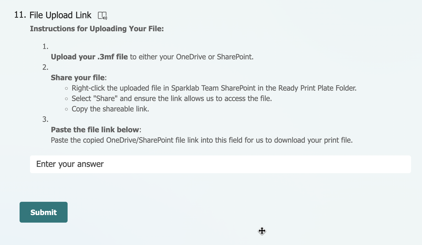 Upload your file to "Ready Print Plate" folder in Spark Lab OneDrive if you have access.