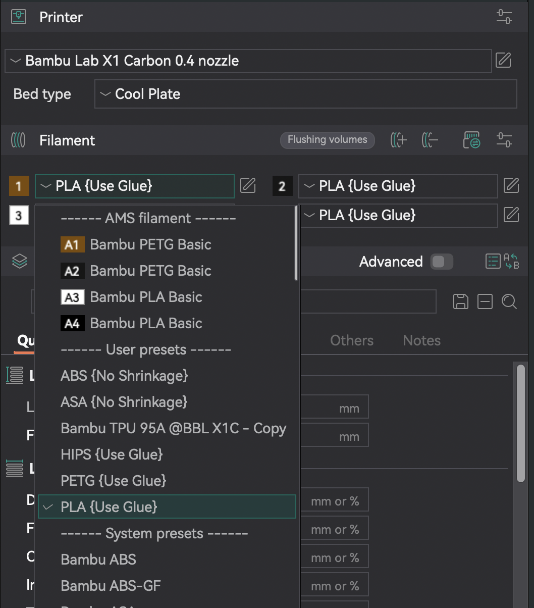 Change filaments to user presets and change bed type.